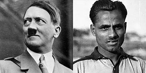 Indian hockey legend Dhyan Chand (R) and Adolf Hitler (Photo | AP and Twitter)