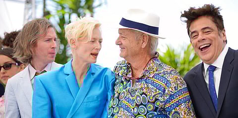 Director Wes Anderson, from left, Tilda Swinton, Bill Murray, and Benicio Del Toro pose for photographers at the 74th international film festival, Cannes. (Photo | AP)