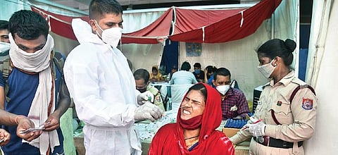 A healthcare worker collects swab sample of a woman on Saturday | Parveen Negi