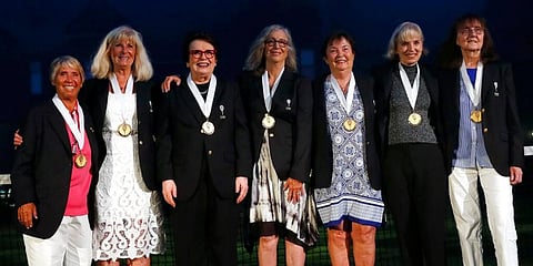 Members of the 'Original 9' pose after being inducted into the International Tennis Hall of Fame, Saturday, July 17, 2021, in Newport. (Photo | AP)
