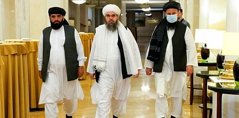 In this file photo taken on Friday, July 9, 2021, Members of political delegation from the Afghan Taliban's movement arrive to attend a news conference in Moscow, Russia. (File photo | AP)