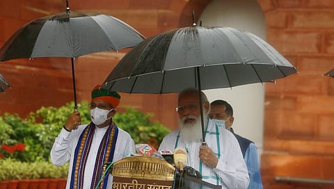 Prime Minister Narendra Modi addresses the media, as it rains on the first day of the Monsoon Session of Parliament, in New Delhi (Photo | Shekhar Yadav, EPS)