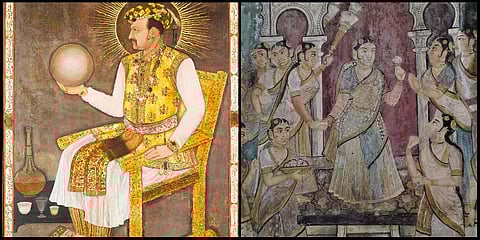 Mughal miniature showing Jahangir with a globe in his hand (L) and a mural showing the Queen of Chittoor holding a rose in Darya Daulat, Srirangapatna. (Photo| EPS)