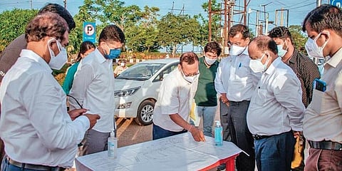 5T Secretary VK Pandian reviewing a project in Cuttack. (Photo | EPS)