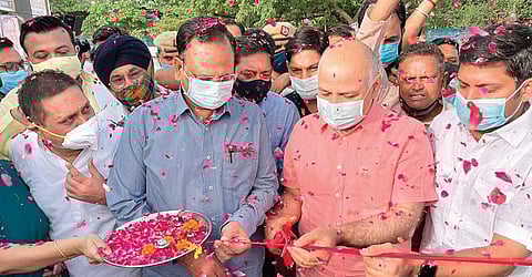 Manish Sisodia launches construction of a school at Nasirpur. (Photo | Twitter)