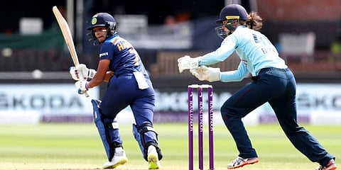 India Women's Harmanpreet Kaur bats against England during the One Day International cricket match at The County Ground in Taunton. (Photo | AP)