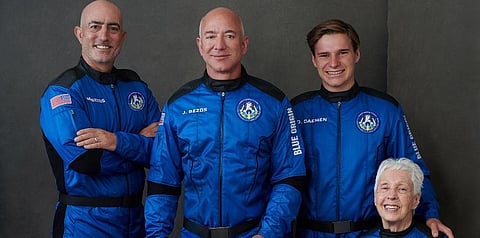 Blue Origin's New Shepard rocket is set to blast off with its eclectic group of passengers on the 52nd anniversary of the Apollo 11 moon landing. (Photo | Twitter)