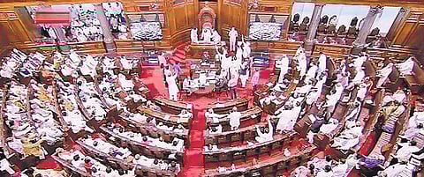 MPs in the Rajya Sabha, on the first day of the Monsoon Session on Monday, July 19, 2021. (Photo | PTI)