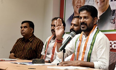 TPCC president A Revanth Reddy addresses the media at Gandhi Bhavan, in Hyderabad on Saturday, July 17, 2021. (Photo | Vinay Madapu, EPS)