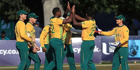 South Africa's Lungi Ngidi, center left, celebrates taking the wicket of Ireland's Andrew Balbirnie during the T20 International match against South Africa at The Village, Dublin. (Photo | AP)