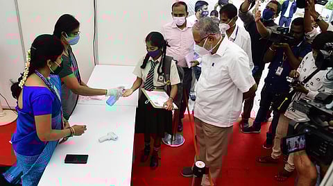 Education Minister Suresh Kumar visits an examination centre in Jayanagar. (Photo | Shriram BN, EPS)