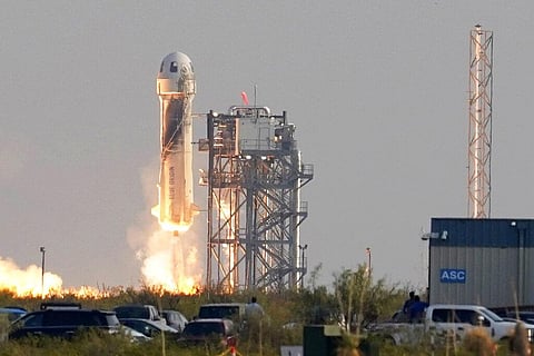 Blue Origin's New Shepard rocket launches carrying passengers Jeff Bezos, his brother Mark Bezos, Oliver Daemen and Wally Funk, from its spaceport near Van Horn, Texas (Photo | AP)