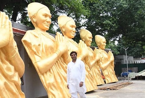 Bihar Minister and VIP chief Mukesh Sahni with statues for Phoolan Devi.