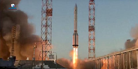 A Proton-M booster rocket carrying the Nauka module blasts off from the launch pad at Russia's space facility in Baikonur. (Photo| AP)