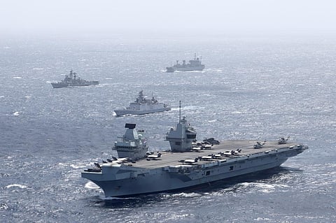 Aircraft carrier HMS Queen Elizabeth during the exercise. (Photo | Indian Navy)