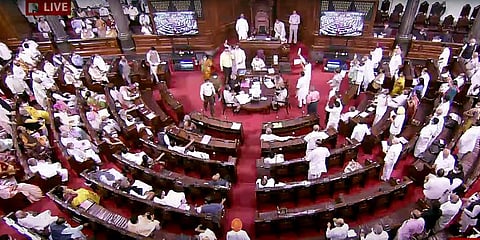 Opposition leaders create uproar in Rajya Sabha during the Monsoon session of Parliament. (Photo | ANI)