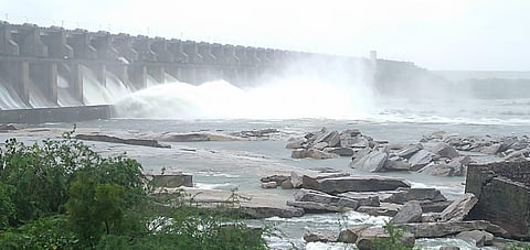 The gates of the Sriram Sagar project being lifted (Photo | Express)