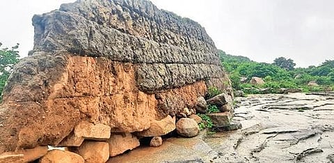 Cracks emerge in the mud fortification walls of the Thatikonda Fort in Jangaon district after continuous rains for three days