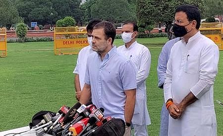 Congress leader Rahul Gandhi addresses media during the Monsoon Session of Parliament, in New Delhi. (Photo | EPS)
