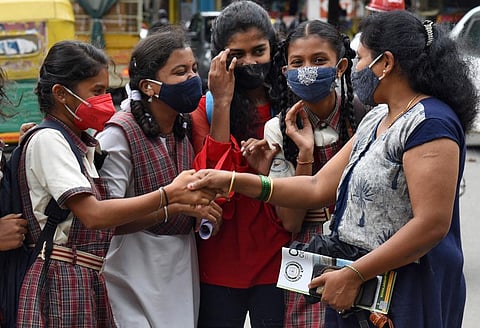 Image of students greeting each otherafter examinations used for representation. (File Photo | Vinod Kumar T, EPS)