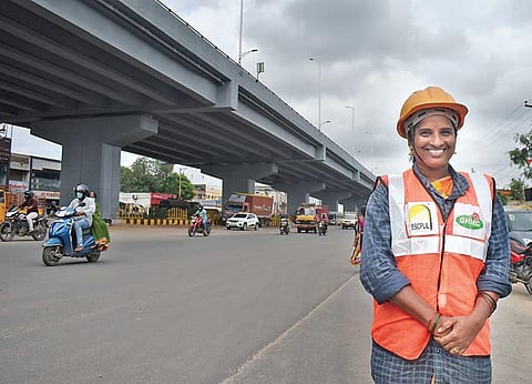 Shivamma, who works for the BSCPL Infrastructure Limited, near the Balanagar flyover that she inaugurated, in Hyderabad | S Senbagapandiyan