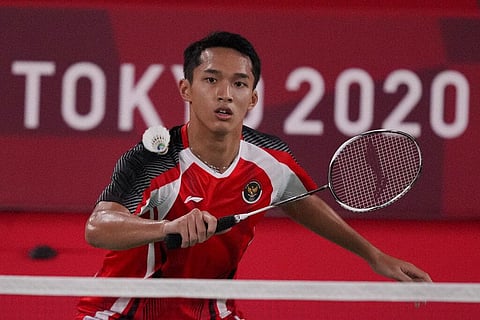 Indonesia's Jonathan Christie plays against Aram Mahmoud of the Refugee Olympic Team during their men's singles badminton match at the 2020 Summer Olympics. (Photo | AP)