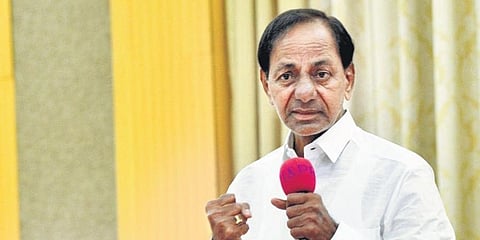 Chief Minister K Chandrasekhar Rao addresses a gathering of SC leaders from Huzuarabad Assembly constituency at Pragathi Bhavan.