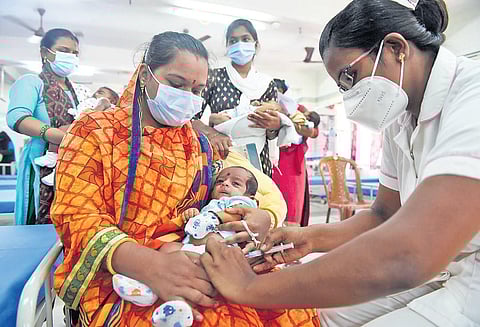 Kids below five years being administered the pneumococcal vaccine at Government Children’s Hospital in Egmore on Saturday | R Satish Babu