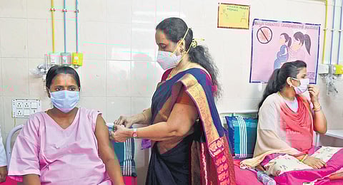 Pregnant women getting vaccinated at Egmore Children’s Hospital in Chennai on Monday | R Satish Babu