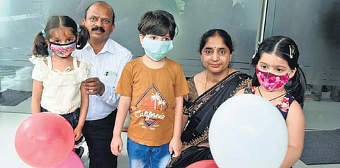 Dr K Anuradha and Dr M Prasad of the Anu Test Tube Baby Centre pose with IVF babies on the ocassion of World IVF Day in Hyderabad on Sunday, July 25, 2021. (Photo | RVK Rao)