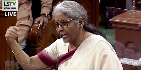 Union Minister for Finance and Corporate Affairs Nirmala Sitharaman speaks in Lok Sabha. (Photo | ANI)
