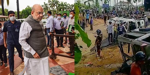 Union Home Minister Amit Shah; Damaged security force vehicles at the site of the Monday's clashes at Lailapur on the Assam-Mizoram border. (Photos | PTI)