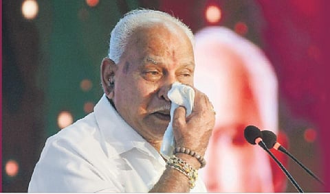 BS Yediyurappa breaks down at Vidhana Soudha after he announced his resignation from the CM post. (Photo | Shriram BN, EPS)