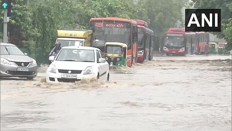 Heavy rainfall causes waterlogging in several areas of the national capital. (Photo | Twitter/ANI)