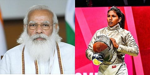 Prime Minister Narendra Modi (L) and fencer C A Bhavani Devi (R) at Tokyo Olympics (Photos | ANI, Twitter/@IamBhavaniDevi)