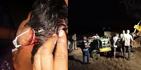 Injured SI Venkatesh (L); Police personnel intervene at Vemapalli where sang was being smuggled on Monday night. (Photos | Express)