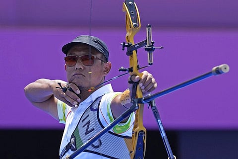 India's Tarundeep Rai releases his arrow during the individual eliminations at the 2020 Summer Olympics. (Photo | AP)