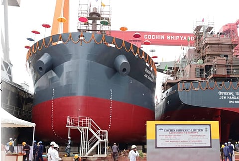 The mini general Cargo Ships built for the JSW group were launched by Cochin Shipyard on Thursday.. (Photo | EPS)