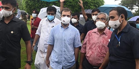 Congress leader Rahul Gandhi alongwith opposition party MPs addressing the media outside the Parliament. (Photo | Parveen Negi, EPS)