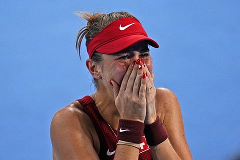 Belinda Bencic, of Switzerland, becomes emotional after defeating Elena Rybakina, of Kazakhstan. (Photo | AP)
