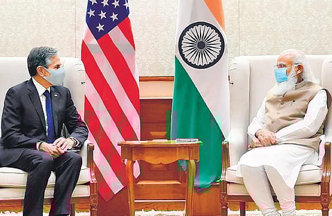 US Secretary of State Antony Blinken with Prime Minister Narendra Modi, in New Delhi on Wednesday