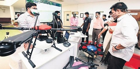 Minister KT Rama Rao inspects women-led startups graduating from WE HUB. (Photo | Express)