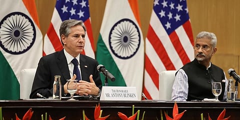 US Secretary of State Antony Blinken speaks as Indian Foreign Minister S Jaishankar listens during a joint news conference at JNB in New Delhi. (Photo | AP)