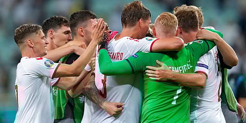 Danish players celebrate their win at the end of the Euro 2020 quarterfinal match against Czech Republic. (Photo | AP)