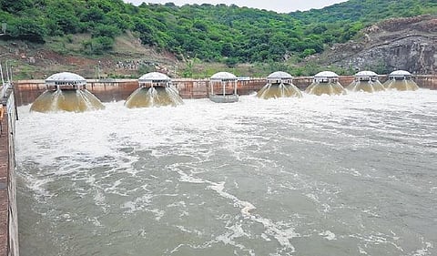 Kaleshwaram water being released from the six pumps at Nandi pumphouse