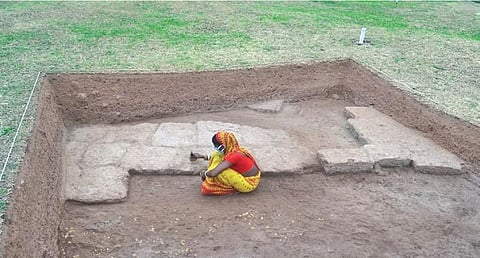 The excavation site at Durgadevi village; (inset) Pottery ware found from the site