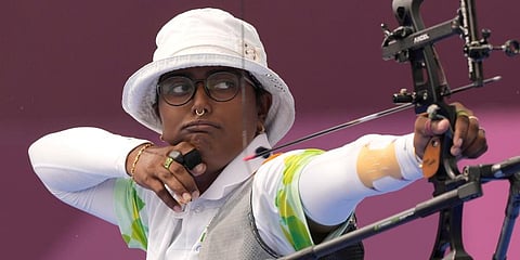 India's Deepika Kumari shoots an arrow during the individual eliminations at the 2020 Summer Olympics in Tokyo, Japan. (Photo | AP)