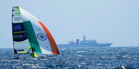 India's Varun Thakkar and KC Ganapathy compete during the men's 49er class at the 2020 Summer Olympics in Fujisawa, Japan. (Photo | AP)
