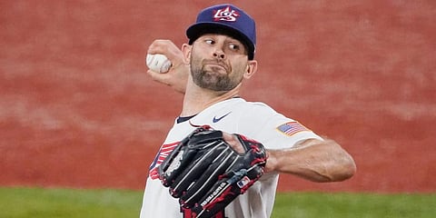 United States' Nicholas Martinez pitches during the first inning of a baseball game against South Korea at the 2020 Summer Olympics in Yokohama, Japan. (Photo | AP)