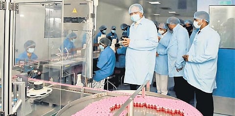 Vice President M Venkaiah Naidu inspects the Bharat Biotech campus at Genome Valley in Hyderabad on Friday